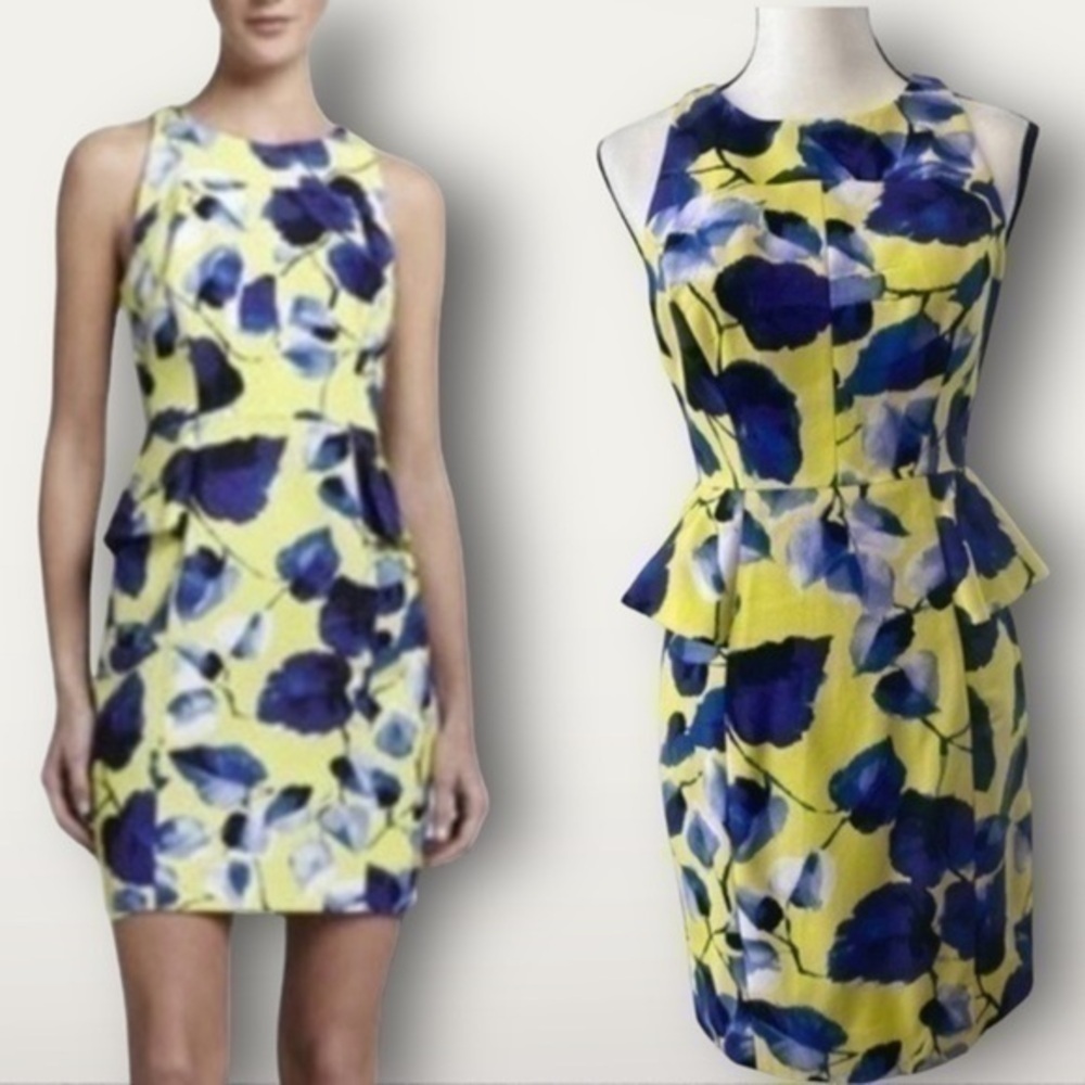 Milly New York Floral Peplum Sheath Dress Yellow Spring EUC